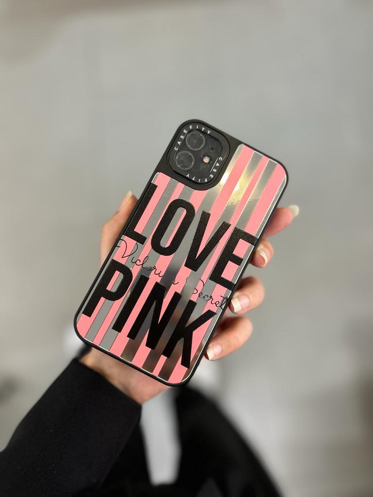 Love Pink Desenli Aynalı Telefon Kılıfı