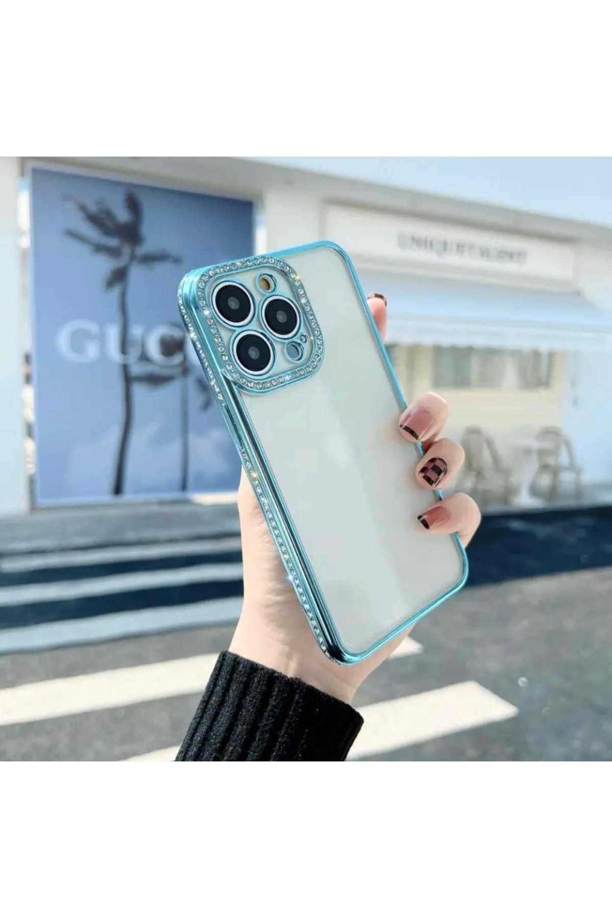 Iphone 13 Pro Uyumlu Kılıf Kamera Lens Korumalı Elmas Taşlı Arkası Şeffaf, Kenar Renkli Lüx Kılıf