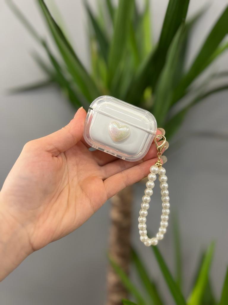 Airpods 3.Nesil Uyumlu Şeffaf Kalpli İnci Askılı Koruyucu Kılıf