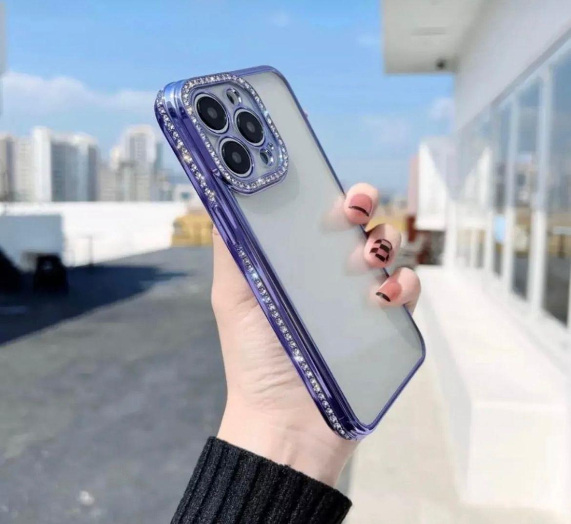 Iphone Uyumlu Kamera Lens Korumalı Taşlı Kılıf Mor