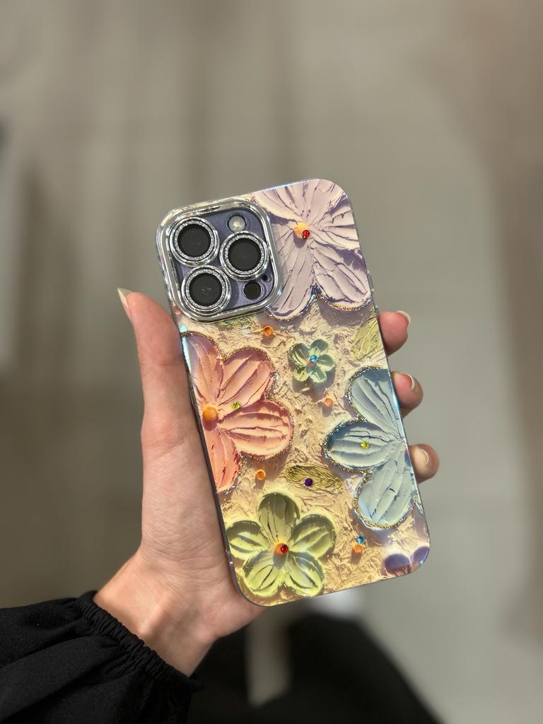 Çiçekli Kamera Lens Korumalı İphone Telefon Kılıfı Turuncu