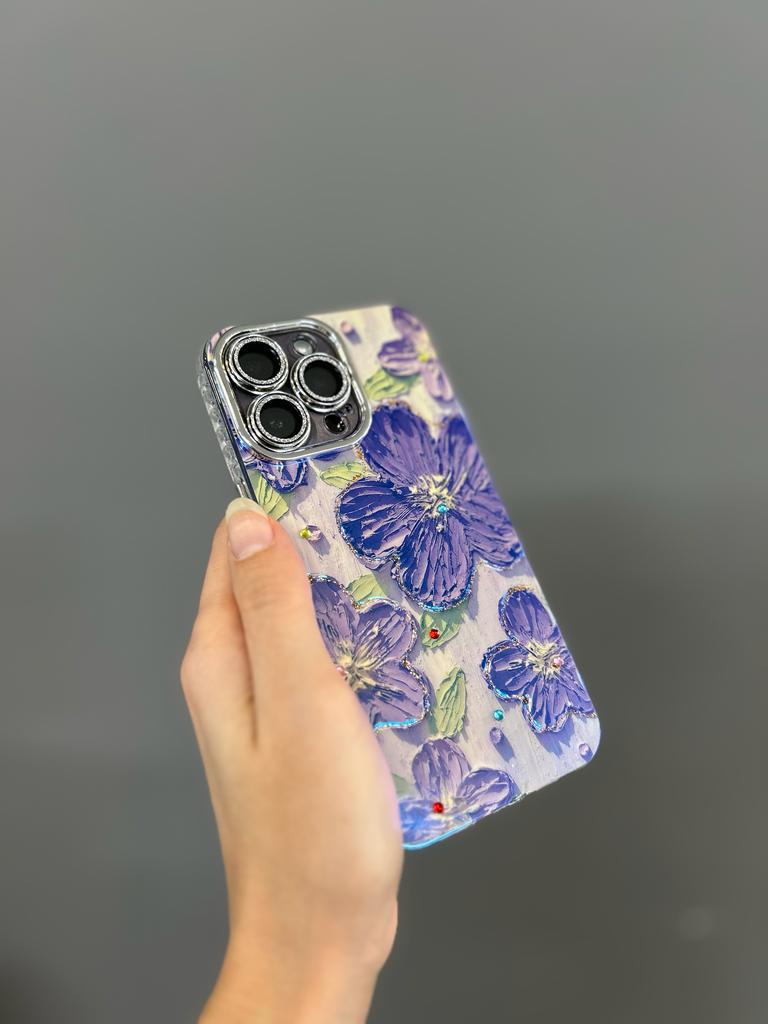 Çiçekli Kamera Lens Korumalı İphone Telefon Kılıfı Mor