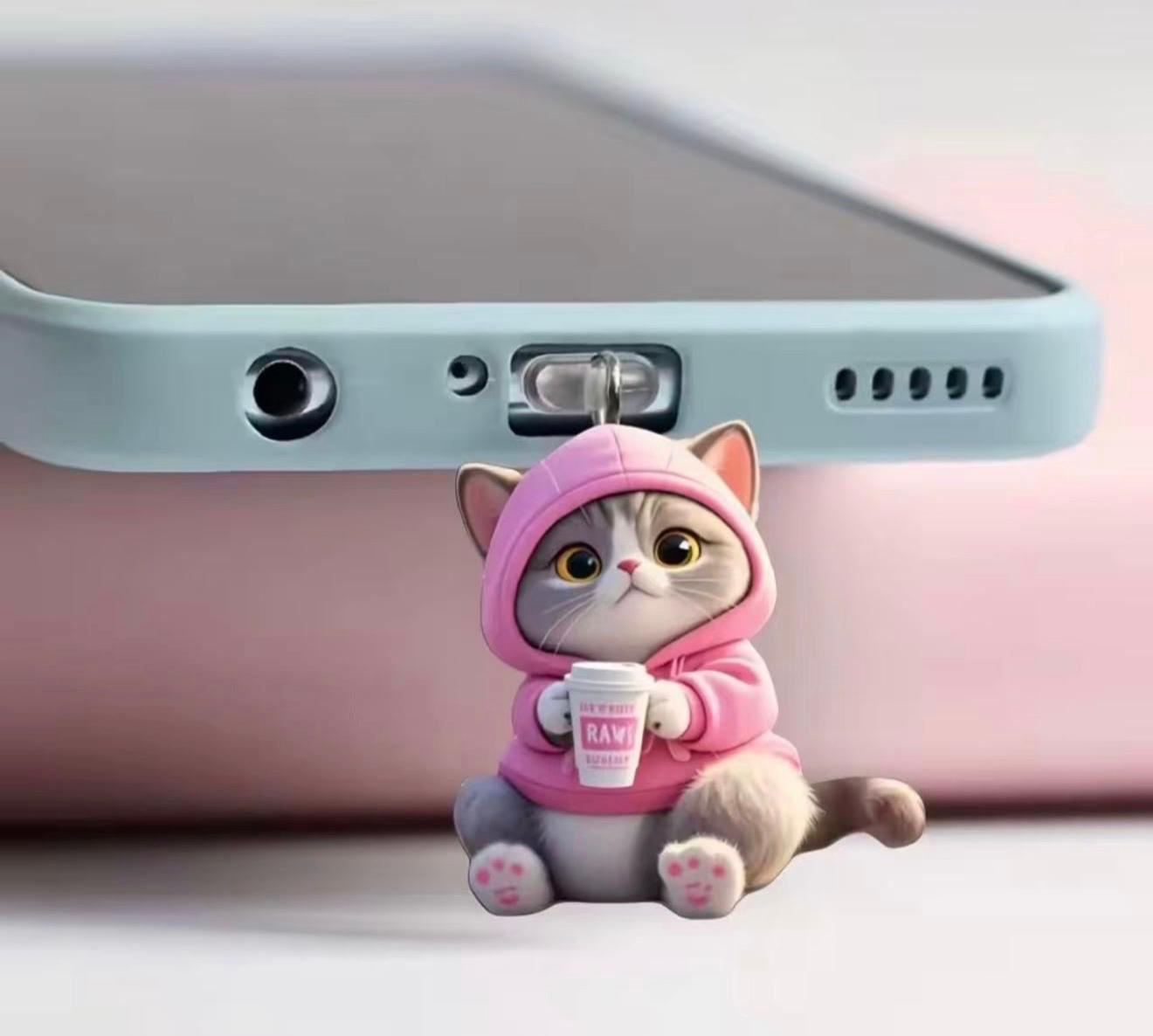 Kapşonlu Kedi Figürlü Telefon Charmı (Lighting (iPhone) Uyumlu Şarj Soketi Tıpası)