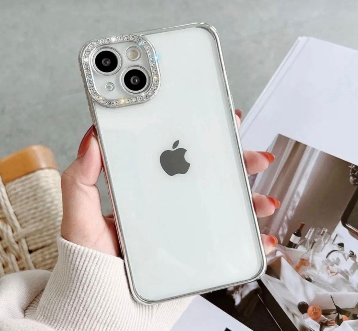 Iphone Uyumlu Kamera Lens Korumalı Taşlı Kılıf Gümüş
