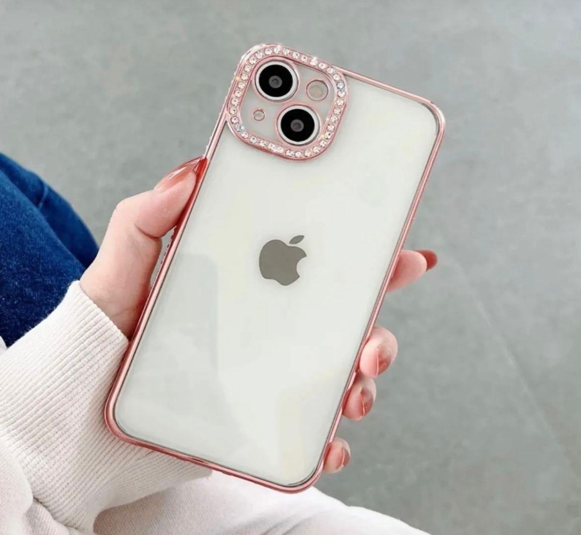 Iphone Uyumlu Kamera Lens Korumalı Taşlı Kılıf Pembe