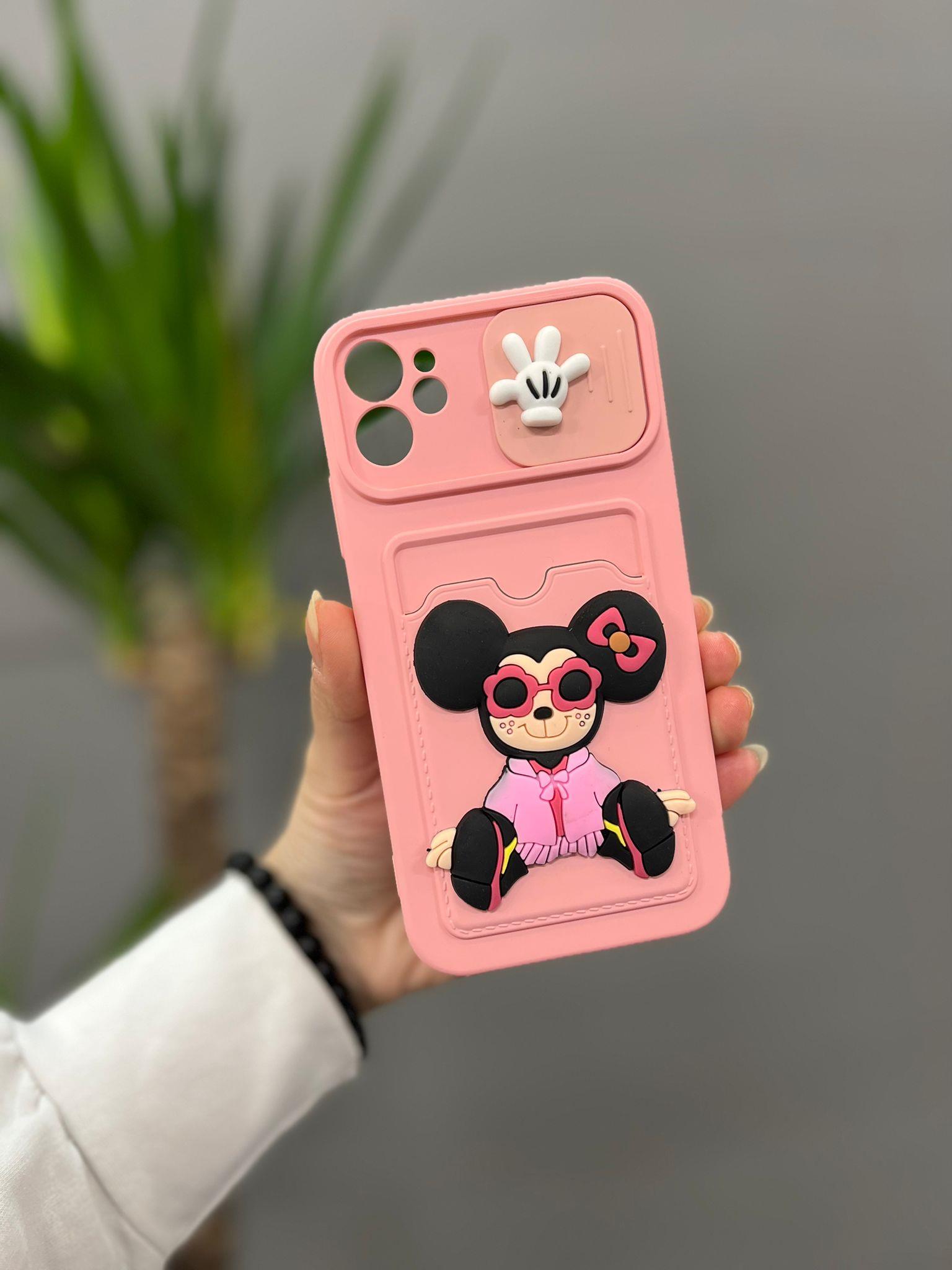 Iphone 11 Uyumlu Sevimli Kartlıklı Kamera Korumalı Minnie Kılıf Pembe