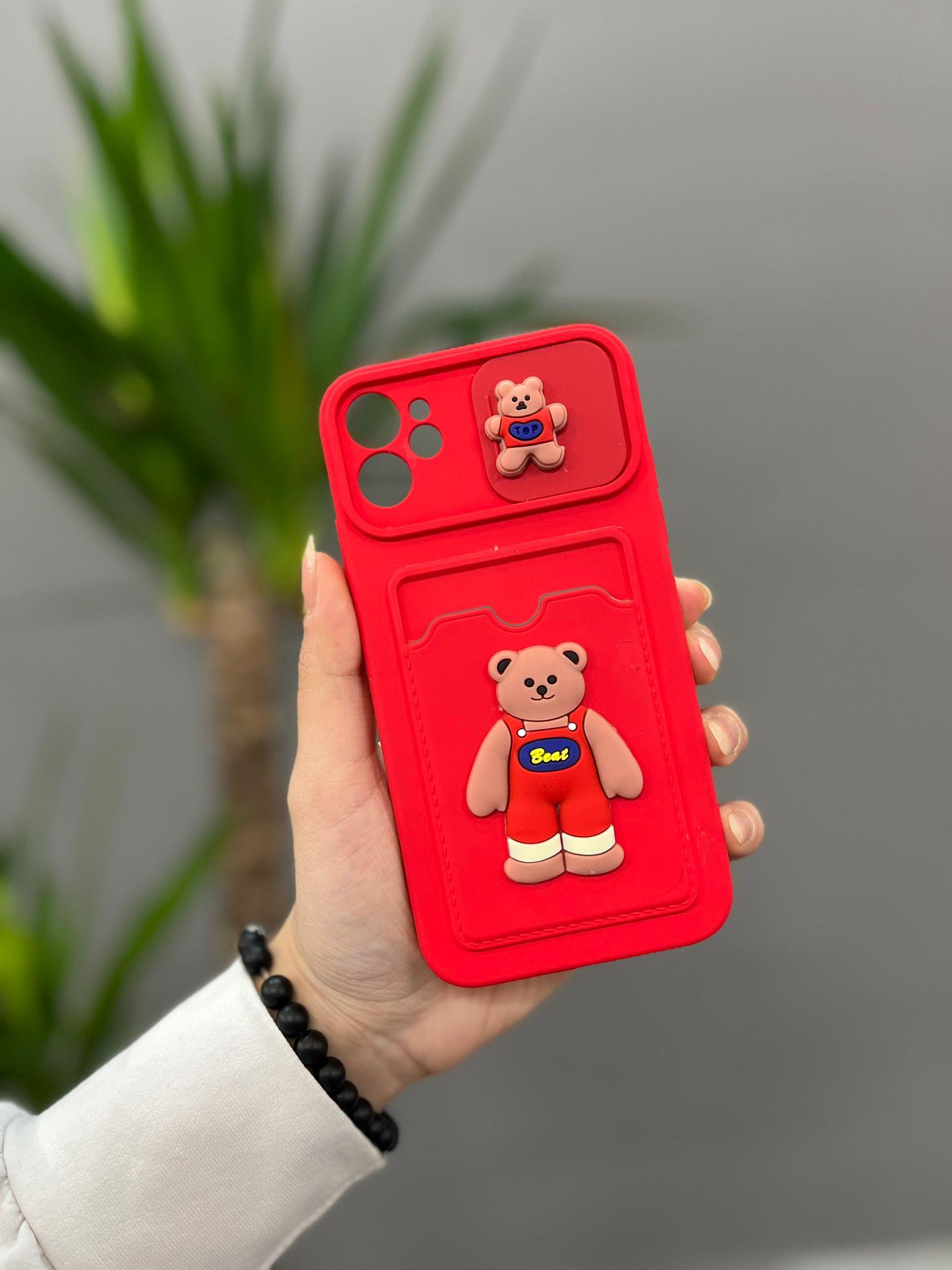 Iphone 11 Uyumlu Sevimli Kartlıklı Kamera Korumalı Ayıcıklı Kırmızı Kılıf
