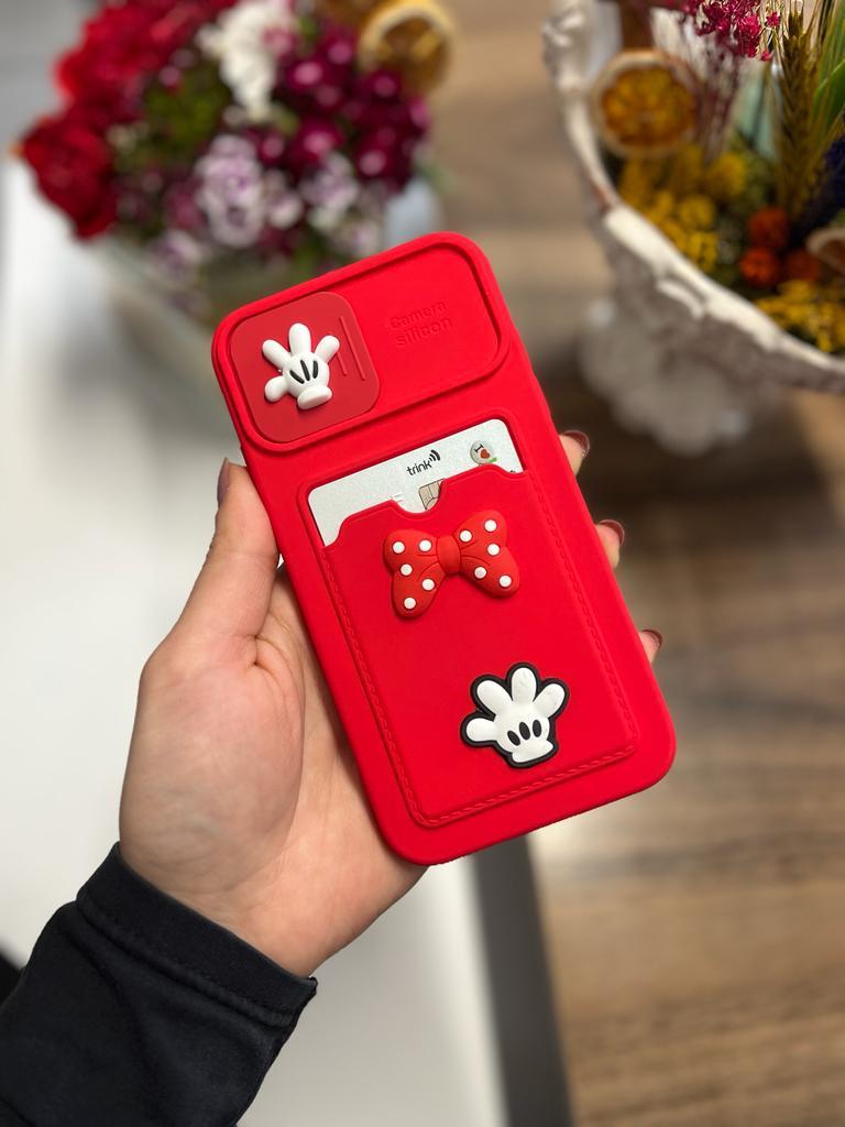 Minnie Silikon Kartlıklı Kamera Korumalu Kılıf Kırmızı