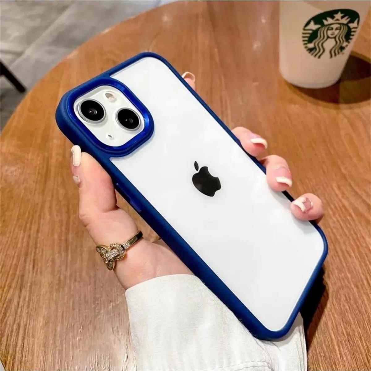 Iphone Uyumlu Kamera ve Kenarları Renkli Şeffaf Kılıf Lacivert