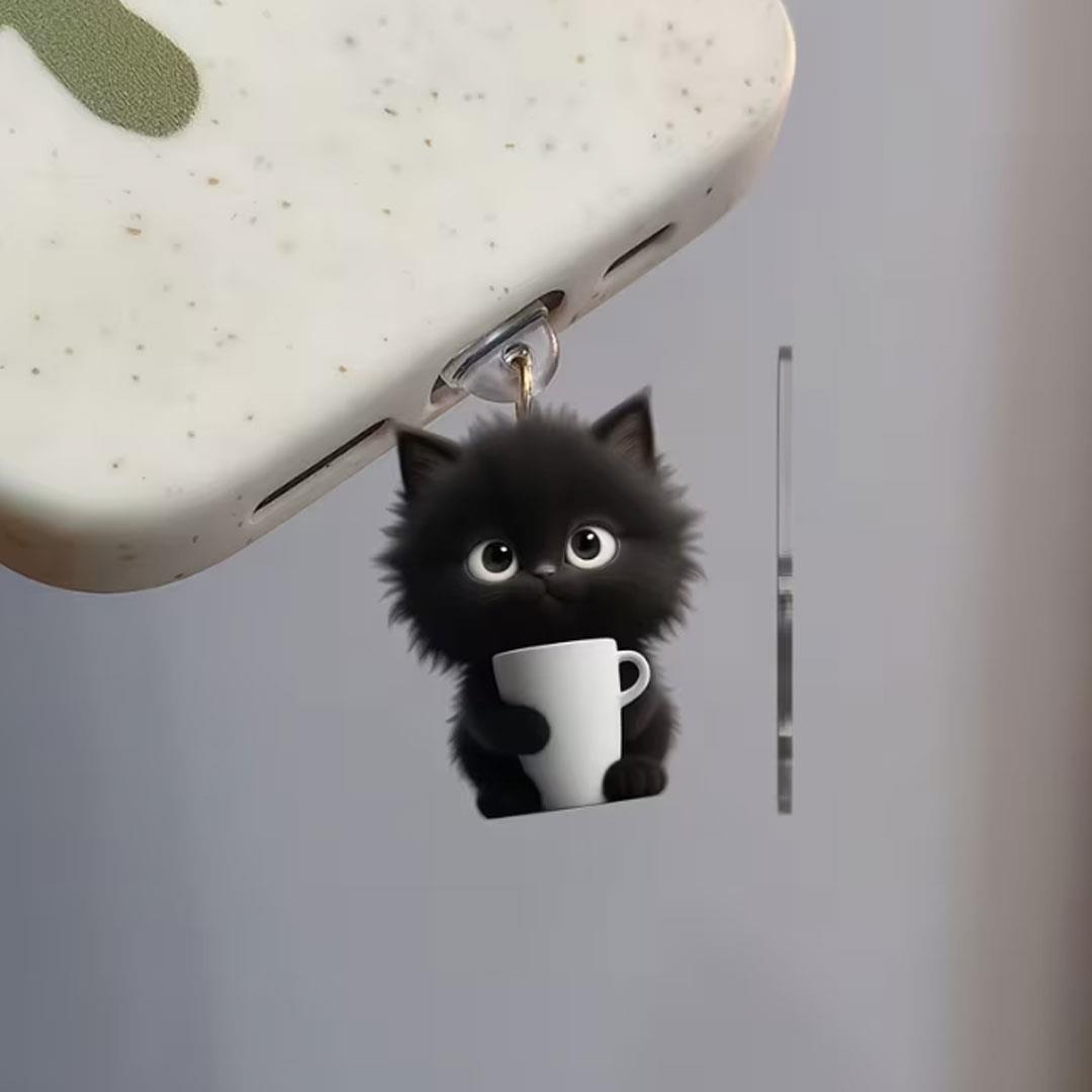 Kahveli Kedi Figürlü Telefon Charmı (Lighting (iPhone) Uyumlu Şarj Soketi Tıpası)
