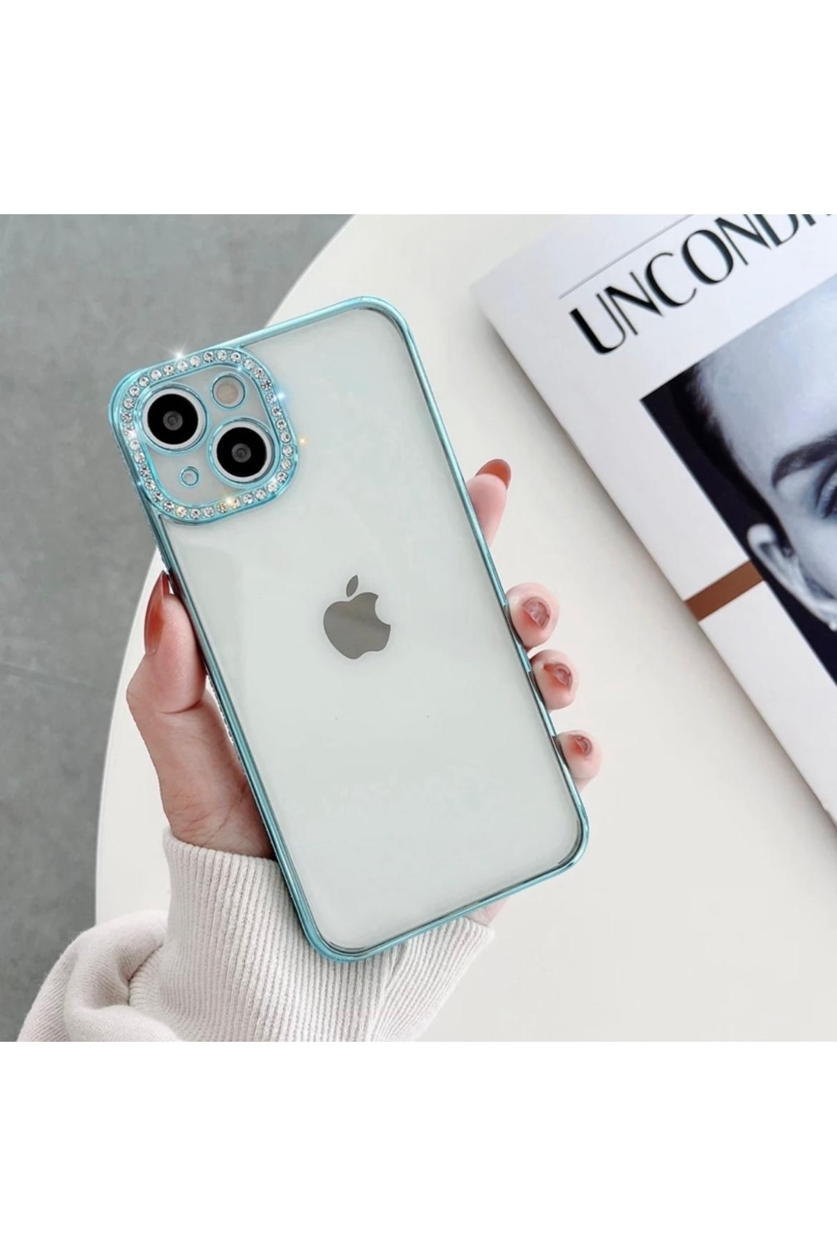 Iphone 11 Uyumlu Kılıf Kamera Lens Korumalı Elmas Taşlı Arkası Şeffaf, Kenar Renkli Lüx Kılıf