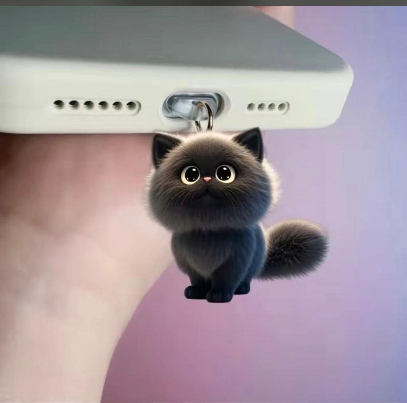 Siyah Kedi Figürlü Telefon Charmı (Lighting (iPhone) Uyumlu Şarj Soketi Tıpası)