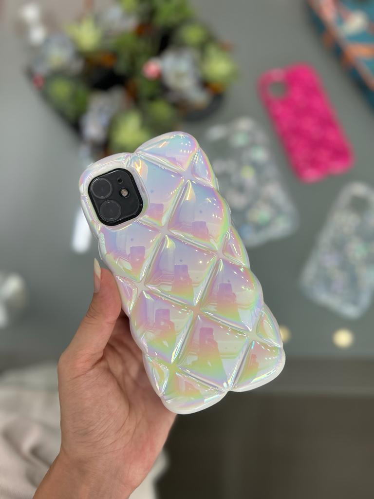 Iphone Dilimli Puf Kılıf Hologramlı Krem
