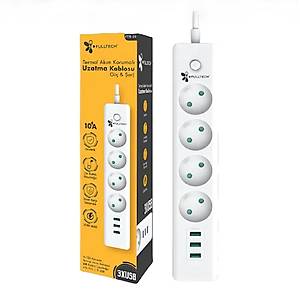 Termal Ak�m Korumal� Priz 4'l� 3 Usb'li 2 Metre Kablo A�-kapa Anahtarl� �ocuk Korumal� 