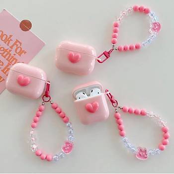 Pembe Kalpli Boncuk Ask�l� 3.Nesil Uyumlu Sevimli Airpods Koruyucu K�l�f