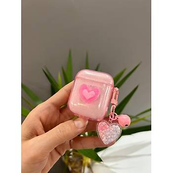 Airpods 2.Nesil Uyumlu Simli Pembe Kalp Tasar�ml� Love K�l�f 