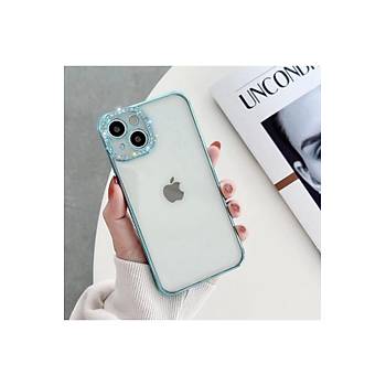 Iphone 13 Uyumlu K�l�f Kamera Lens Korumal� Elmas Ta�l� Arkas� �effaf, Kenar Renkli L�x K�l�f