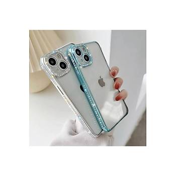 Iphone 11 Uyumlu K�l�f Kamera Lens Korumal� Elmas Ta�l� Arkas� �effaf, Kenar Renkli L�x K�l�f