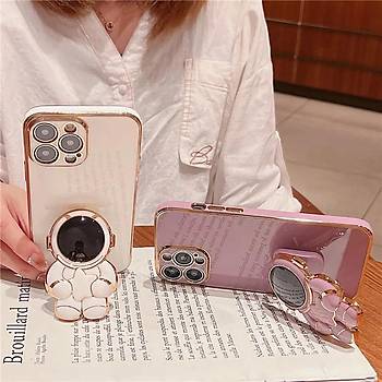 Iphone Uyumlu Astronot Standl� Kamera Korumal� K�l�f Pembe