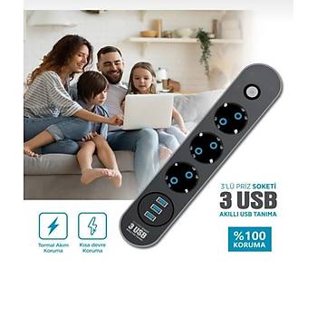 Termal Ak�m Korumal� Uzatma Kablosu 3L� Priz 3L� Usb 2Mt Kablo Uzunlu�u