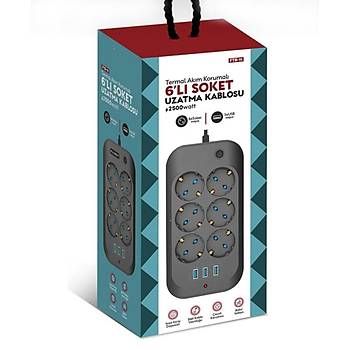 Fulltech Termal Ak�m Korumal�, �ocuk Korumal�, 6'l� 2 Mt Uzatma Kablosu 6 X Priz, 3 X Usb