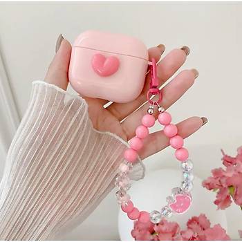 Pembe Kalpli Boncuk Ask�l� 3.Nesil Uyumlu Sevimli Airpods Koruyucu K�l�f