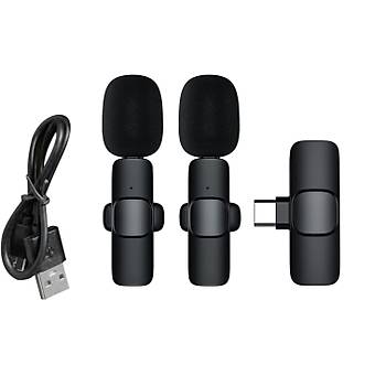 Type C Uyumlu Kablosuz Yaka Mikrofonu 2'Li Mini Youtube Tiktok Canl� Yay�n Kay�t Mikrofonu