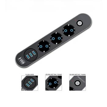 Termal Ak�m Korumal� Uzatma Kablosu 3L� Priz 3L� Usb 2Mt Kablo Uzunlu�u