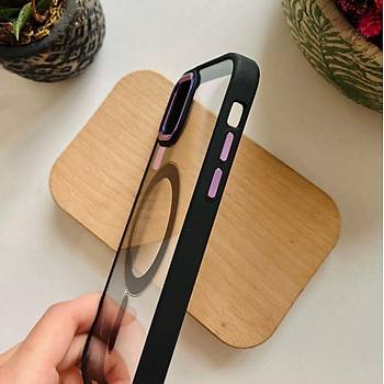 Iphone Uyumlu Kamera ve Yan Tu�lar Renkli Magsafe K�l�f Mor