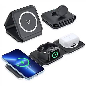 3 �n 1 MagSafe Wireless Charger Katlanabilir Kablosuz �arj �stasyonu 