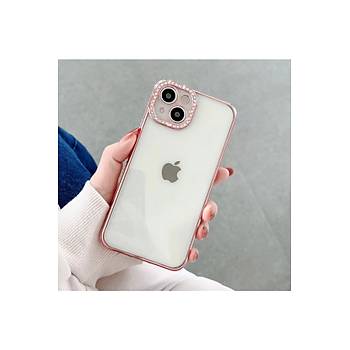 Iphone 11 Uyumlu K�l�f Kamera Lens Korumal� Elmas Ta�l� Arkas� �effaf, Kenar Renkli L�x K�l�f