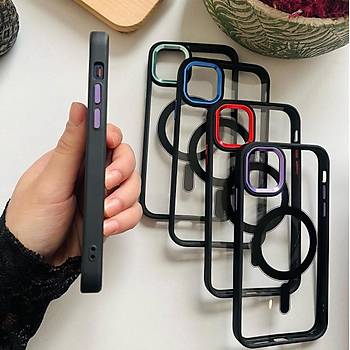 Iphone Uyumlu Kamera ve Yan Tu�lar Renkli Magsafe K�l�f Mor