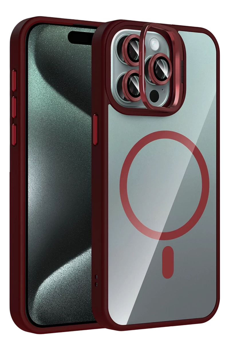 Joko Apple iPhone 15 Pro Max Uyumlu Remim Lensli Magsafe Standlı Kapak - Bordo