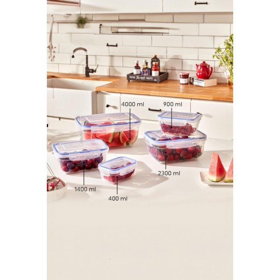 Dikdörtgen 10 Parça Contalı Vakumlu Sızdırmaz Hava Almaz Saklama Kabı Seti 2x(4000/2300/1400/900/400 Ml)