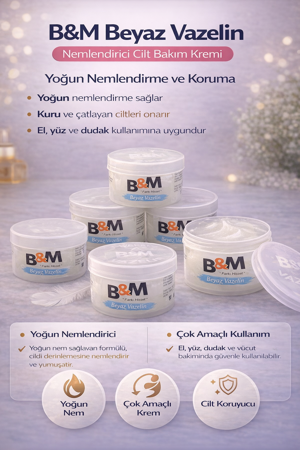 B&amp;M Beyaz Vazelin Nemlendirici Cilt Bakım Kremi Çok Amaçlı Yoğun Nemlendirici 6 Adet