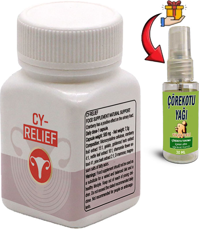 Cy-Relief Amerikan Kızılcığı Ebegümeci Adaçayı C Vitamini Esktarlarıyla Erkeğe Özel Destekleme + Çörek Otu Masaj Yağı