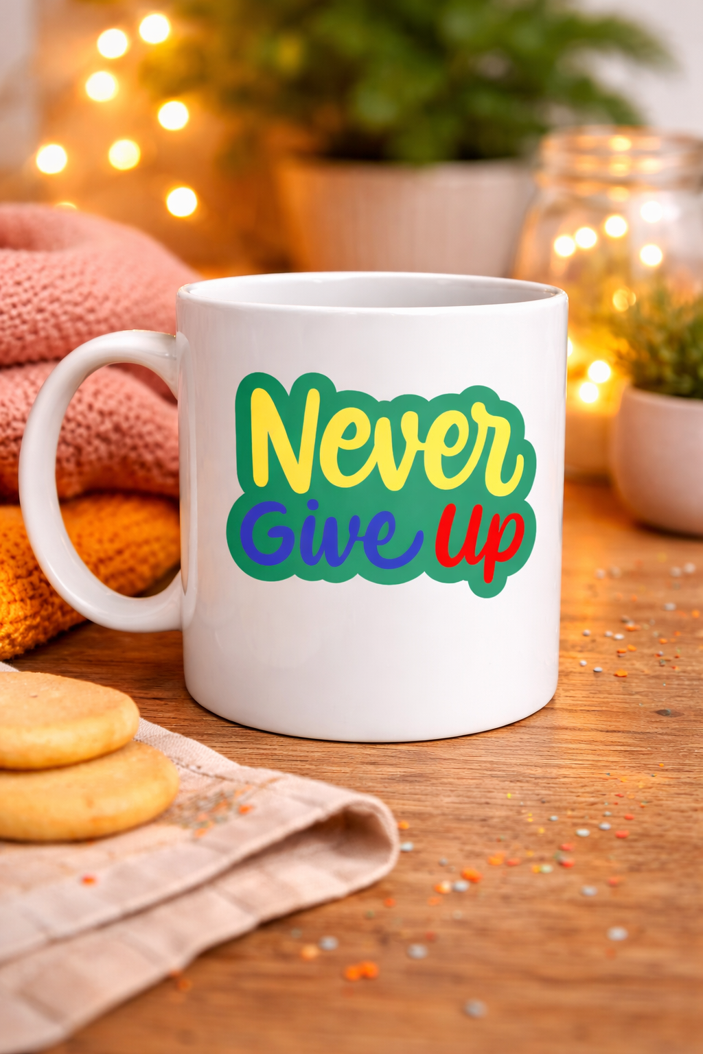 Never Give Up ASLA PES ETME Yazılı Porselen Kupa MODEL 145 – Motivasyon Temalı Renkli Tasarım – Kahve &amp; Çay Kupası – Moral Veren Hediyelik Kupa