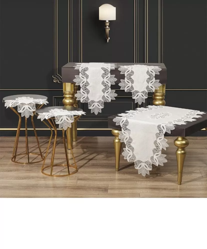Salon Takımı 5 Parça Keten Dantelli Masa Örtüsü Runner Seti Çeyizlik Kayla Model Krem-Gümüş