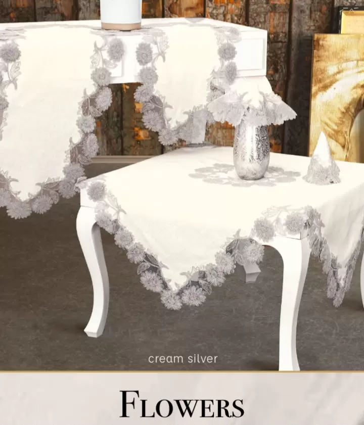 Bej Flowers Model 5 Parça Keten Dantelli Masa Örtüsü Seti Çeyizlik Salon Takımı
