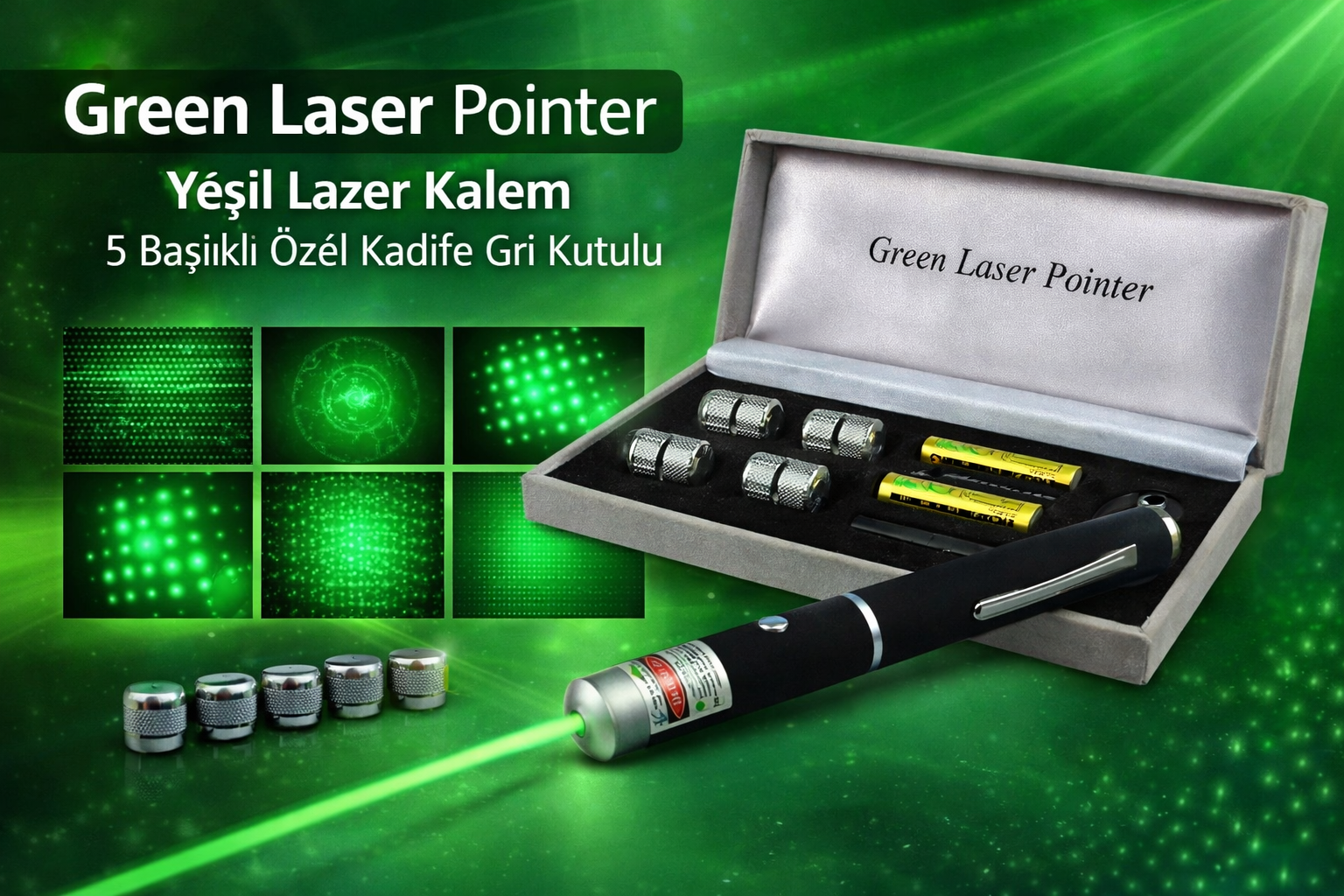 Green Laser Pointer Kalem 5 Başlıklı Özel Kadife Gri Kutulu