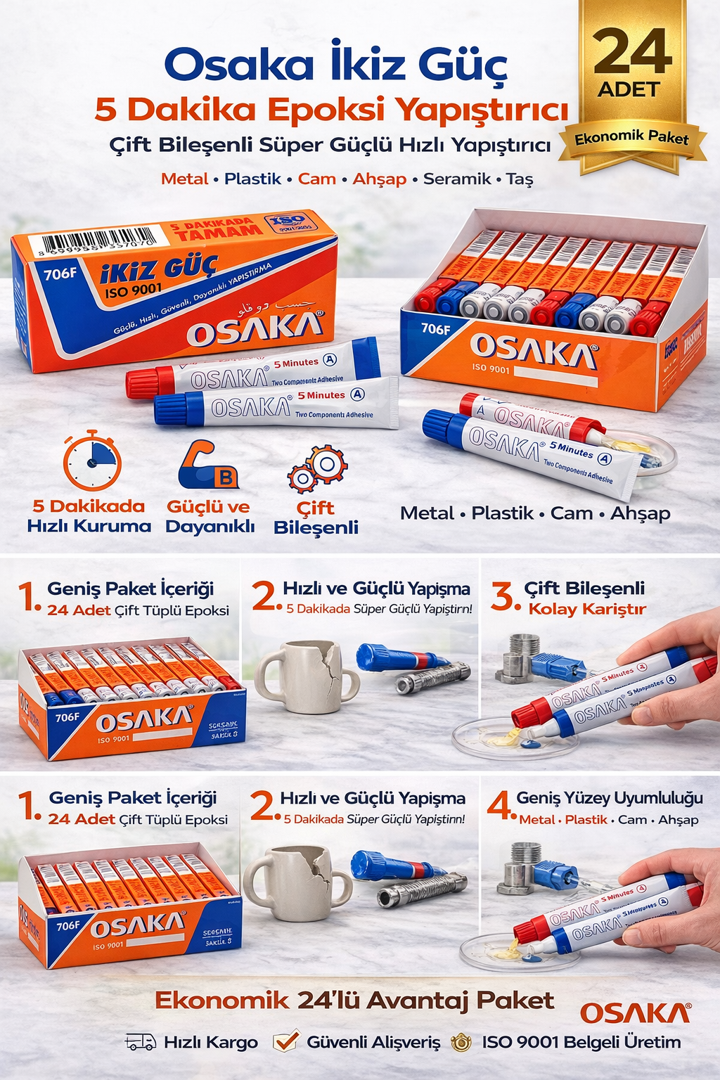 Osaka İkiz Güç 5 Dakika Epoksi Yapıştırıcı Çift Bileşenli Güçlü Hızlı Yapıştırıcı 24Adet