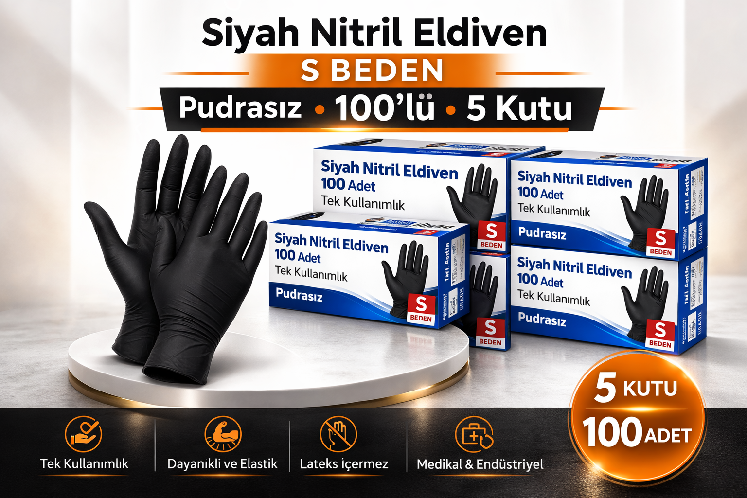 Siyah Nitril Eldiven S Beden Pudrasız 5 Kutu Tek Kullanımlık Dayanıklı Lateks İçermeyen Koruyucu Eldiven Seti