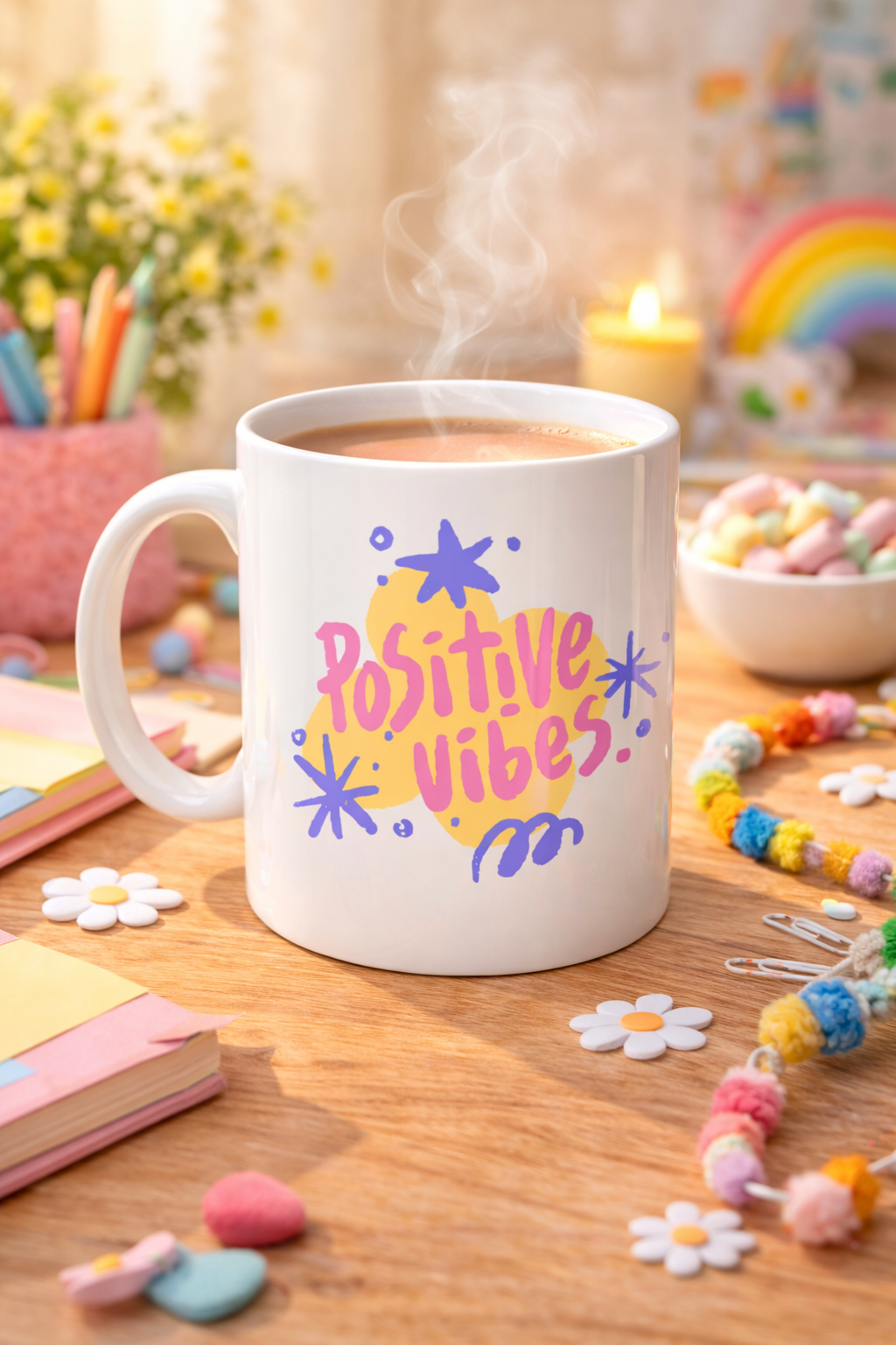 Positive Vibes Porselen Kupa MODEL 138 – Renkli Tasarım Motivasyon Kupası – Pozitif Enerji Veren Kahve &amp; Çay Kupası