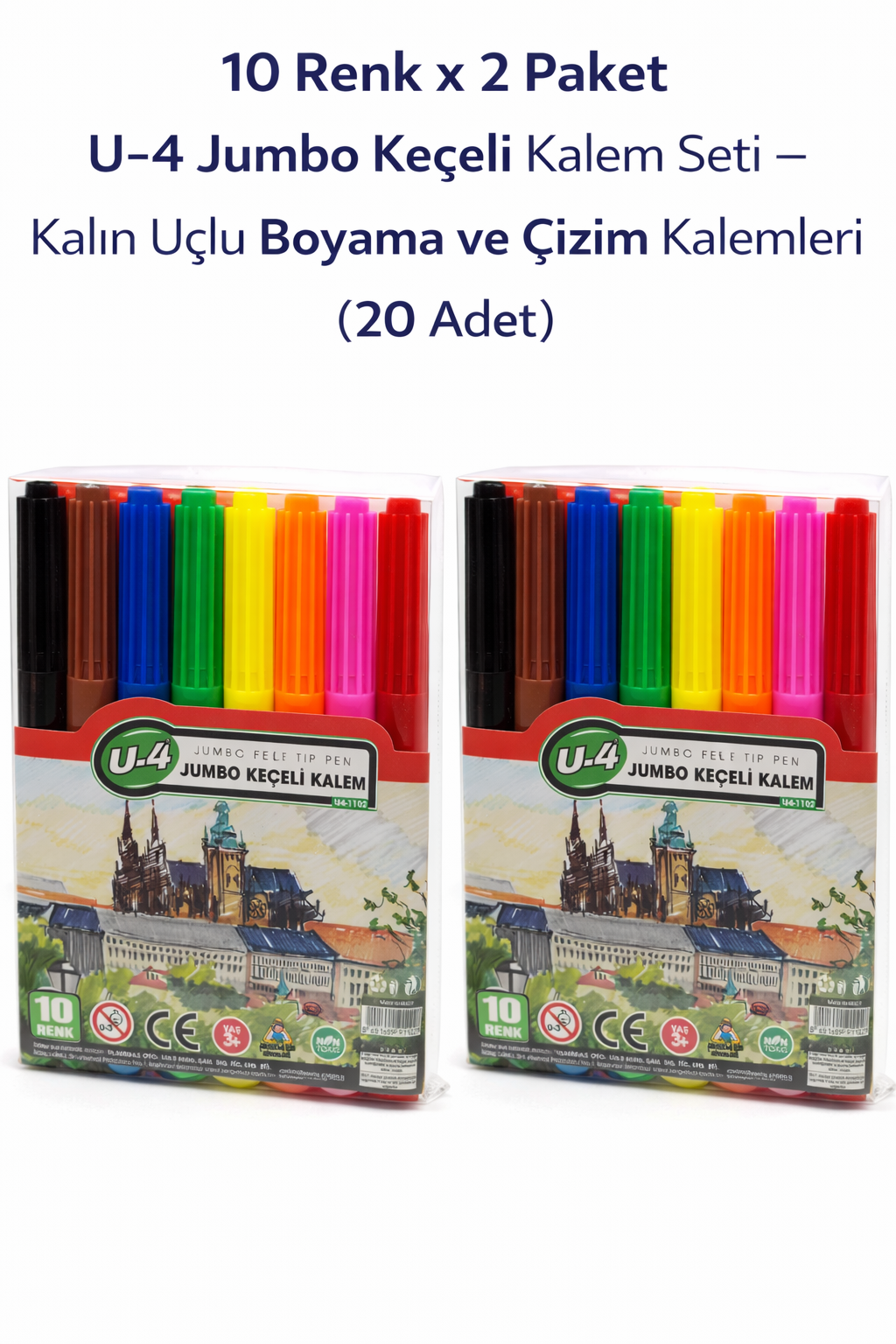 U-4 Jumbo Keçeli Kalem 10 Renk x 2 Paket – Kalın Uçlu Boyama ve Çizim Kalemi Seti (20 Adet)