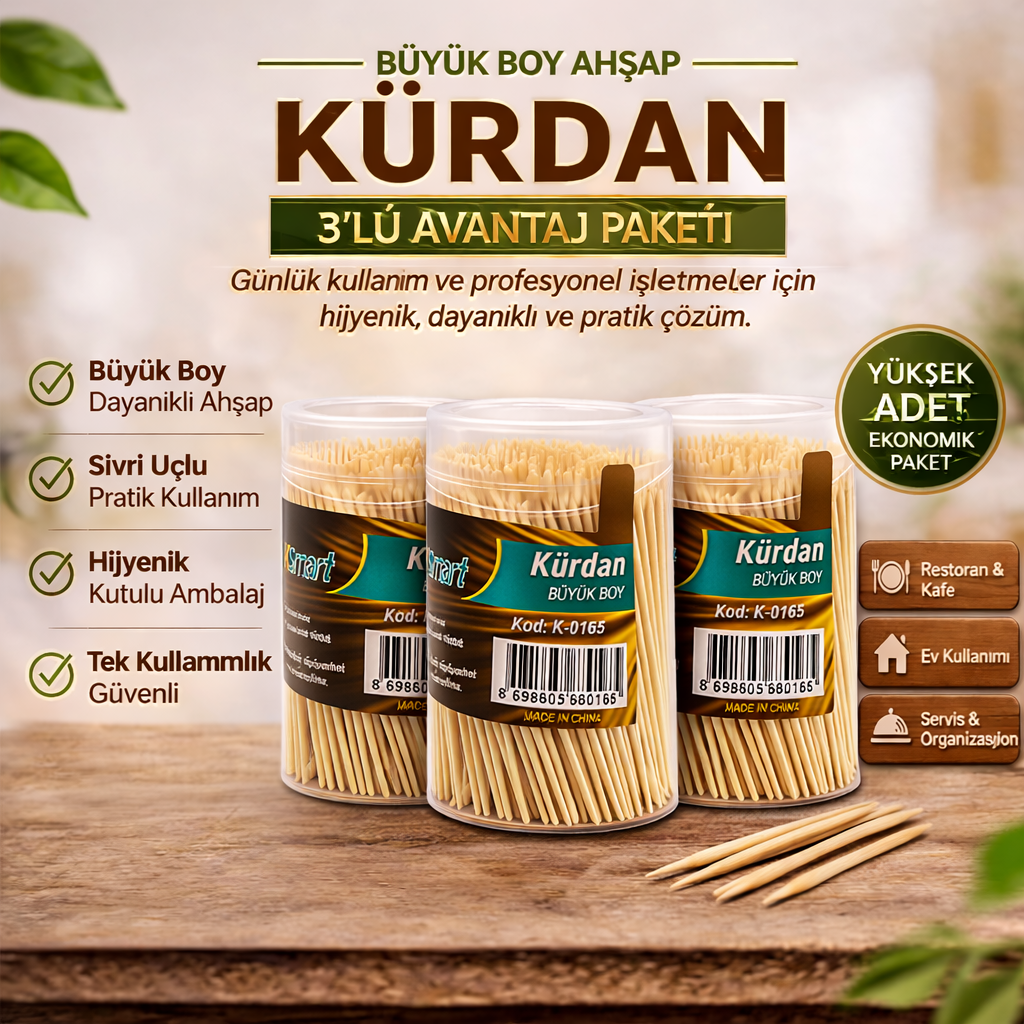 Kürdan Büyük Boy Ahşap Kürdan Hijyenik Paket Tek Kullanımlık Dayanıklı Kürdan Seti 3 Adet