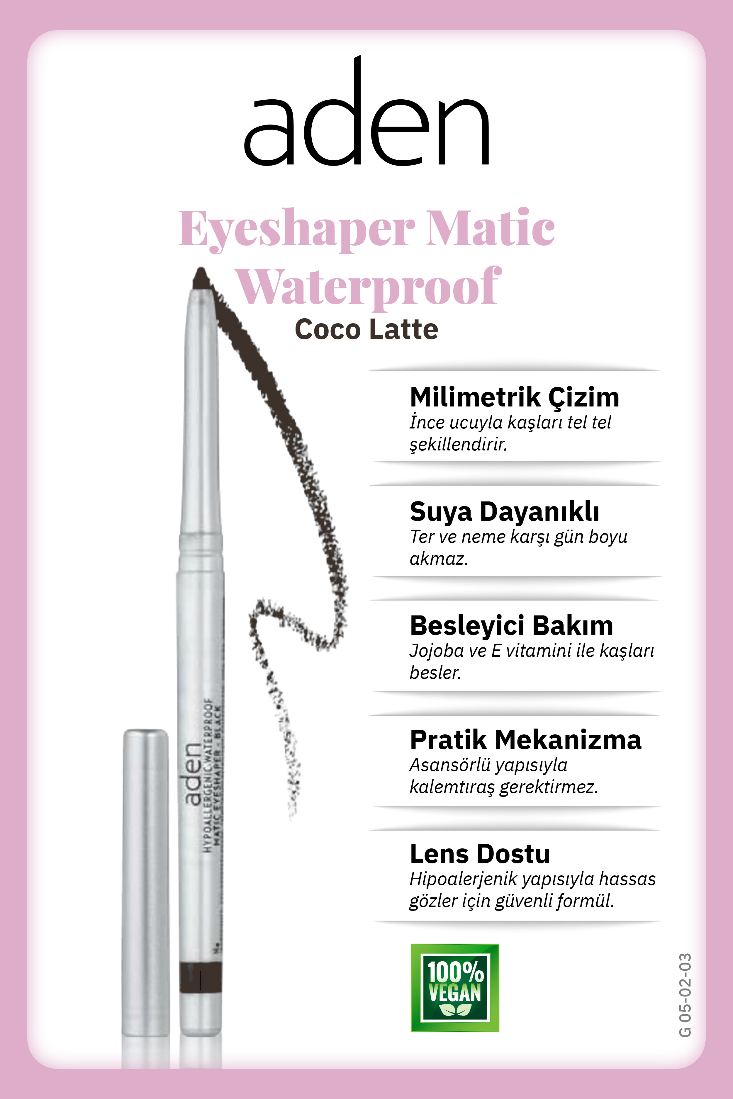 Aden Waterproof Matic Eyeshaper - Asansörlü Göz Kalemi 03 Coco Latte(Sütlü Kahve)