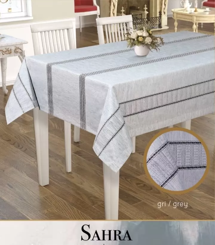 Sahra Model Gri 160x220 cm Polyester Ajurlu Keten Masa Örtüsü Şık Tablecloth Tasarım