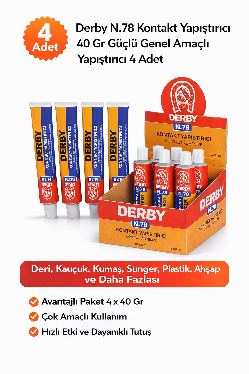 Derby N.78 Kontakt Yapıştırıcı 40 Gr Güçlü Genel Amaçlı Yapıştırıcı 4 Adet