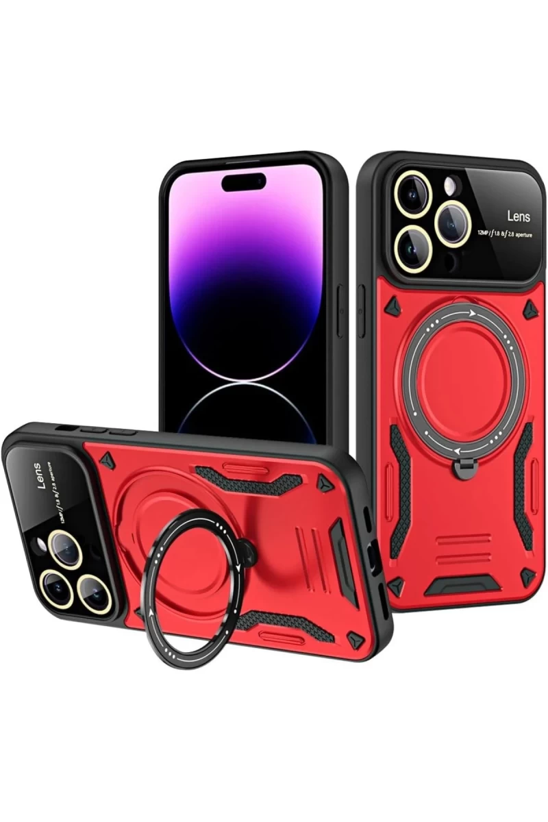 Apple iPhone 16 Pro Uyumlu Kılıf Joy Lens Standlı Kapak - Kırmızı