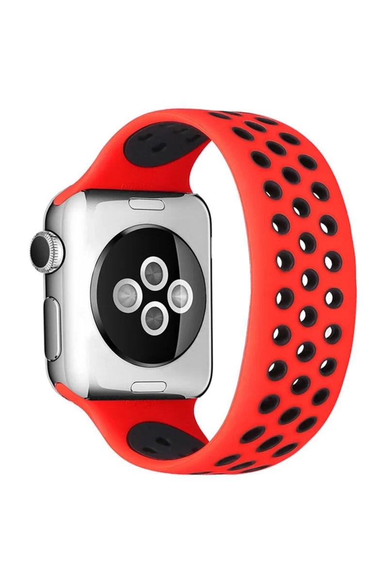 Apple Watch 38mm Uyumlu Ayarlı Delikli Silikon Kordon - Kırmızı-Siyah